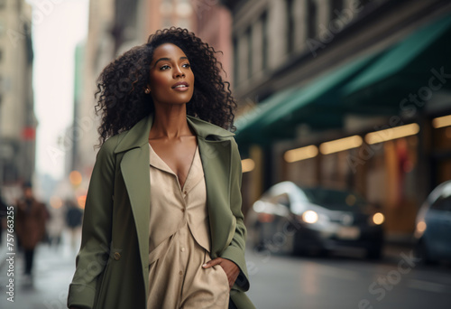 Portrait of a beautiful African American woman with long curly hair wearing a green trench coat and beige blouse walking down the street in New York City, bokeh background, fashion photography photo