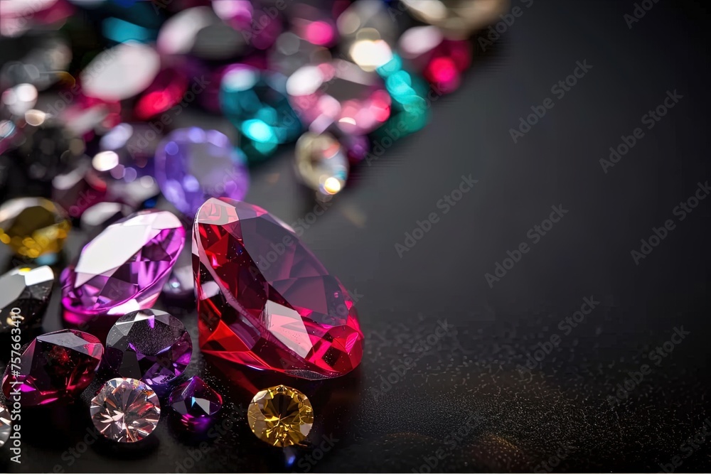 Jewel Sparkling Diversity: Gemstones on Black Reflective Surface.Gleaming Gemstone Variety Jewel Sparkling Diversity: Gemstones on Black Reflective Surface.Gleaming Gemstone Variety