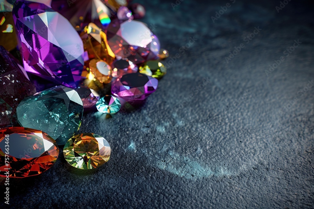 Jewel Sparkling Diversity: Gemstones on Black Reflective Surface.Gleaming Gemstone Variety