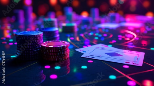 casino card set illustration, bright glowing card table, in the style of uhd image, aurorapunk, photo