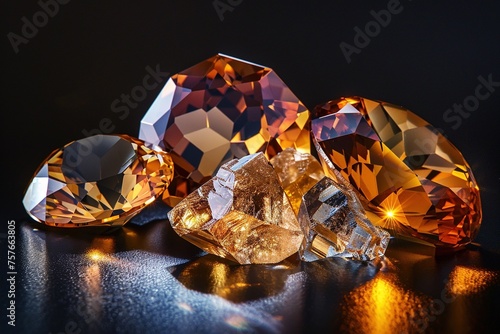 Topaz   Diverse Gemstones Array on Glossy Black Surface Sparkling Gemstones on Ebony Shine  Topaz  Labradorite  Chalcedony