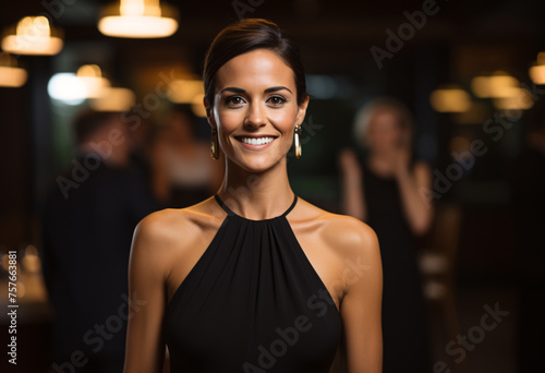A elegant woman in her late 30s in black halter dress and gold earrings, smiling warmly at the camera with dark hair tied back tight, standing inside a dimly lit restaurant