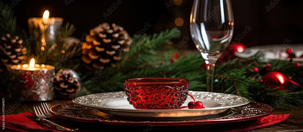 A festive Christmas table setting with elegant Tableware, Stemware, and Drinkware, adorned with candles and a glass of wine. Natural materials and plants create a warm atmosphere for the event
