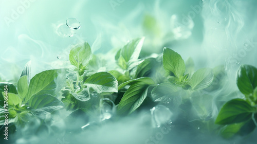 An ambient, softly glowing pastel green background featuring peppermint and eucalyptus leaves, creatively designed with steam swirling around them, ideal for a sinus-clearing advertisement with a refr photo