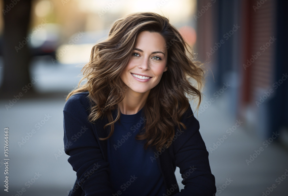A modern confident, beautiful, happy, woman in her 30's sitting outdoors, wearing dark blue jeans, a navy sweater, flowing hair in soft focus background