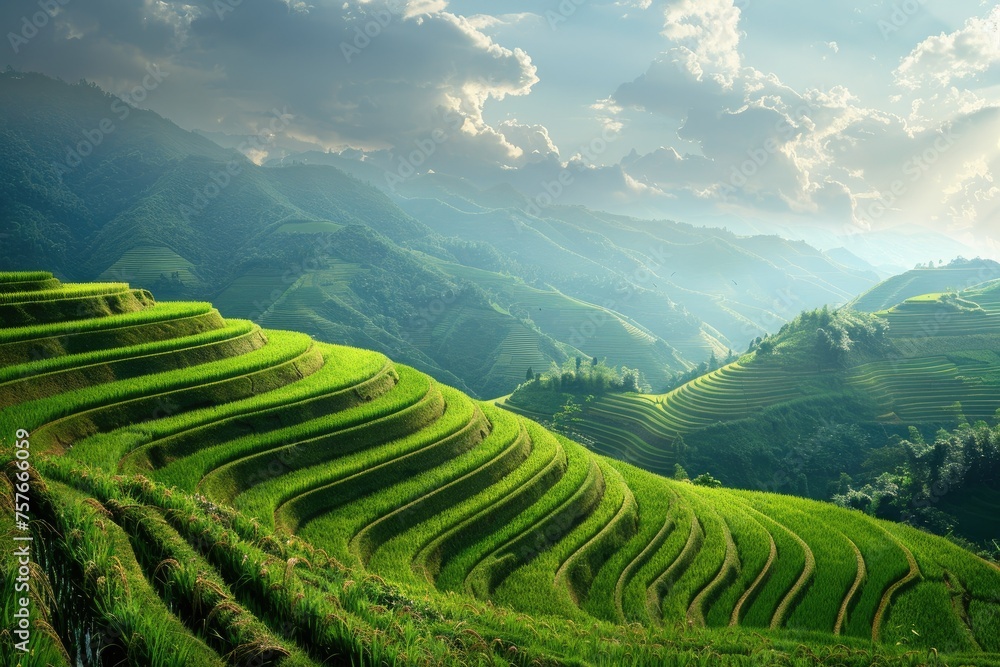 Lush green terraced rice fields in sunlight - A stunning landscape of ...