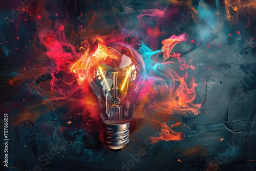 Lightbulb enveloped in colorful flames - An incandescent lightbulb radiates vibrant flames, embodying energy, creativity, and inspiration