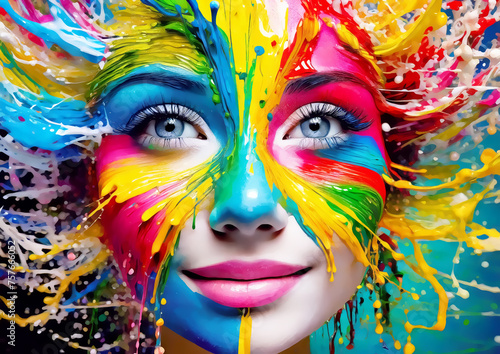 芸術の概念でカラフルな塗料を顔に塗った若い女性 © k_yu