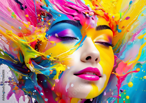 芸術の概念でカラフルな塗料を顔に塗った若い女性
