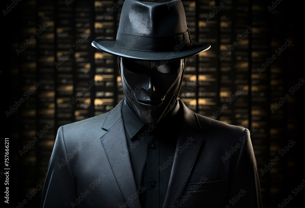A mysterious man in black mask and hat wearing dark gray suit standing ...