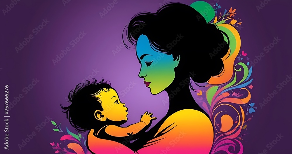 illustration mother with baby silhouette colorful