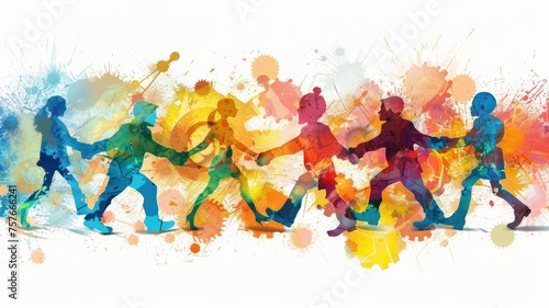 Abstract colorful silhouettes of children playing - Vibrant watercolor silhouettes of children holding hands and playing in a joyful expression of freedom and happiness