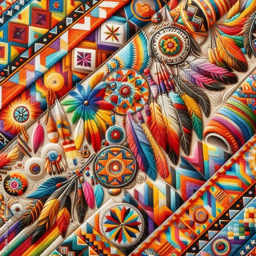 Colorful Native American fabric, background image. © Sou