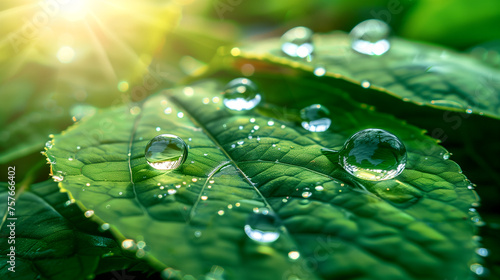 Transparent Drops of Water on a Green Leaf With Sun Glare