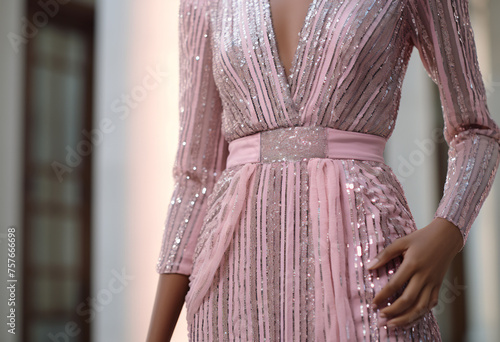 Detailed closeup haft top of silver and pink sequin maxi long wide v neck dress long sleeve on a female model walking outdoor 