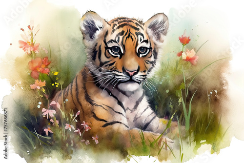 painting Baby tiger illustration tiger baby blooming meadow cute Aquarelle Watercolor