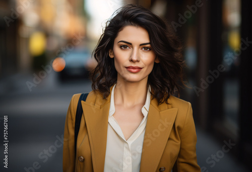 portrait of a beautiful business woman wearing a brown blazer and white shirt, with dark hair in a bob style, walking on the street, with a blurred background, business casual outfit 
