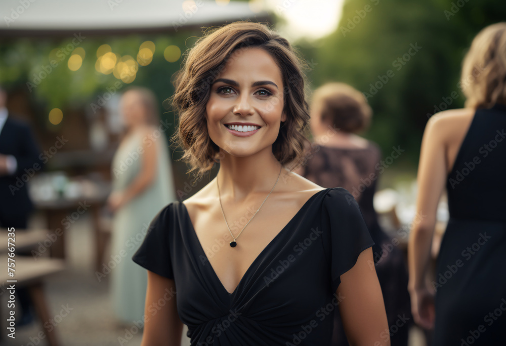 A beautiful smiling brunette woman in a black dress at an outdoor party, short wavy hair, wearing golden earrings looking to camera in evening light a blurred background 