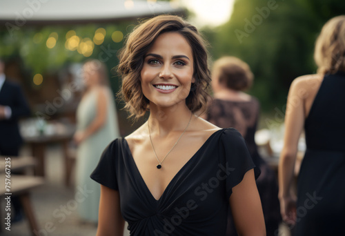 A beautiful smiling brunette woman in a black dress at an outdoor party, short wavy hair, wearing golden earrings looking to camera in evening light a blurred background 