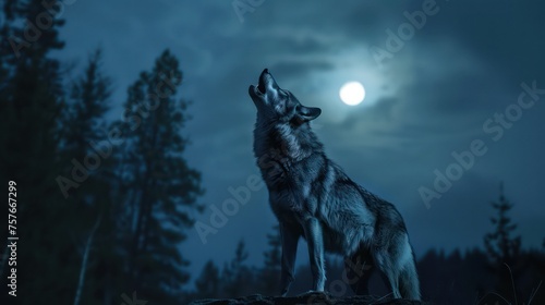 Realistic photography of a howling wolf at night, with copy space. 