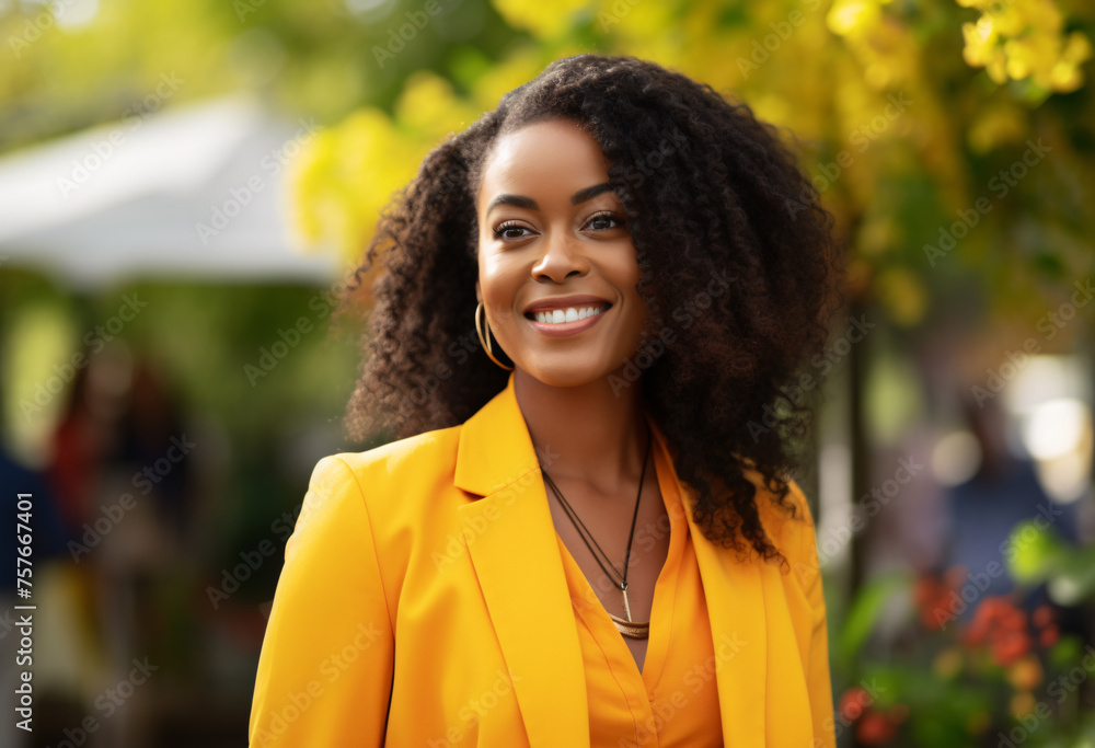 A beautiful smiling black business woman wearing a yellow blazer standing in an outdoor restaurant A beautiful smiling black business woman wearing a yellow blazer standing in an outdoor restaurant