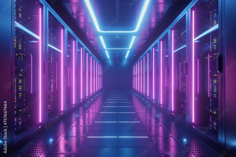 Fototapeta premium A data center server room with soft light, a modern design with neat cables in the racks.