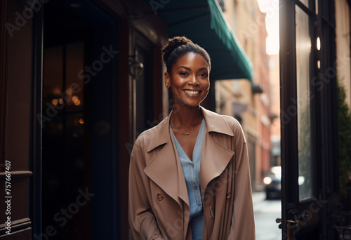 portrait of beautiful smiling black woman in beige trench coat walking on the street, looking at camera and posing for photo while standing outside coffee shop in New York City during sunny day