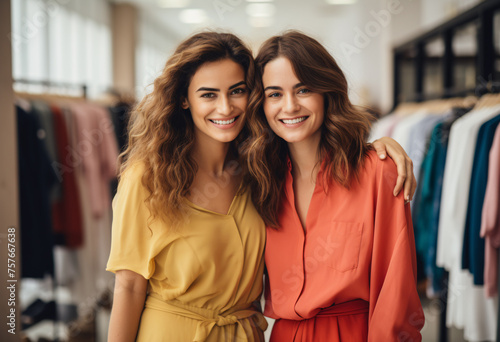  30's two modern confident beautiful diverse women  friends wearing elegant colorful outfits happily shopping in boutique shop 