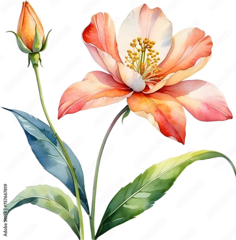 Watercolor flower with leaves painting. Watercolor flower with leaves painting.