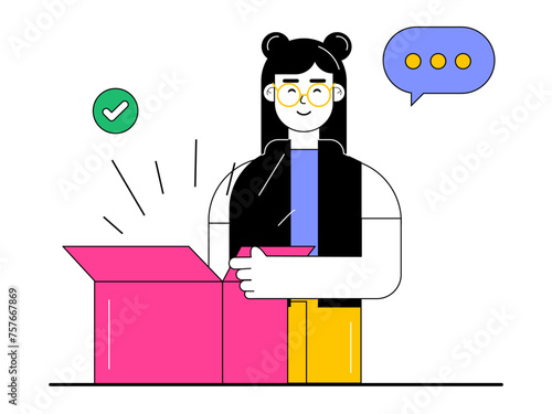 Girl doing unboxing product. Unboxing vector illustration.