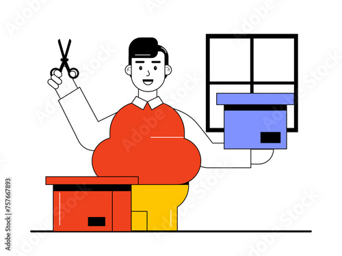 Man unboxing product. Unboxing vector illustration.