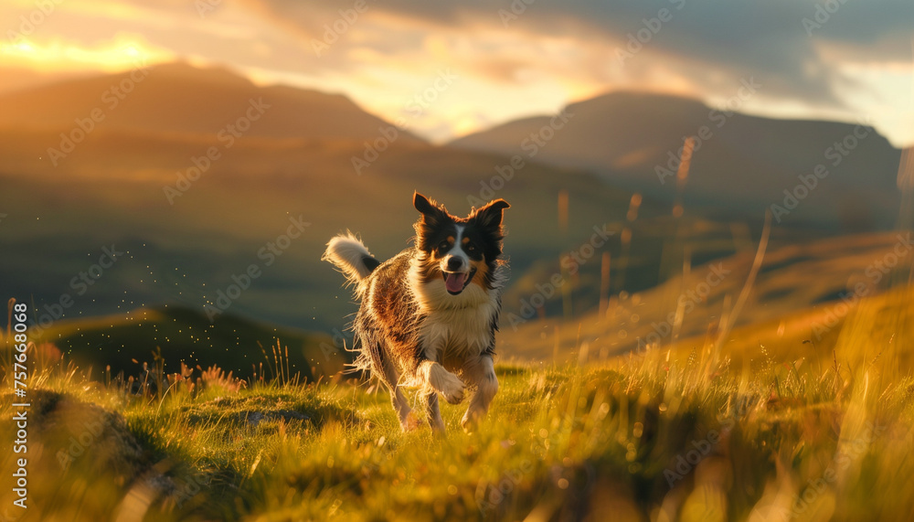 A dog joyfully runs through a grassy field with the sunset casting a golden glow over the hills behind it