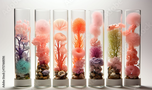 Glass bottles with corals on a white background.