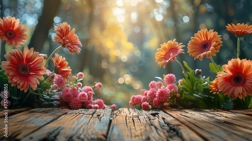 Wooden table with easter or spring theme blurred background , eggs and colorful flowers with copy space photo