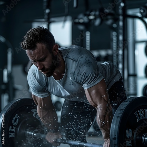 A man exerting tremendous effort to lift weights on the gym photo