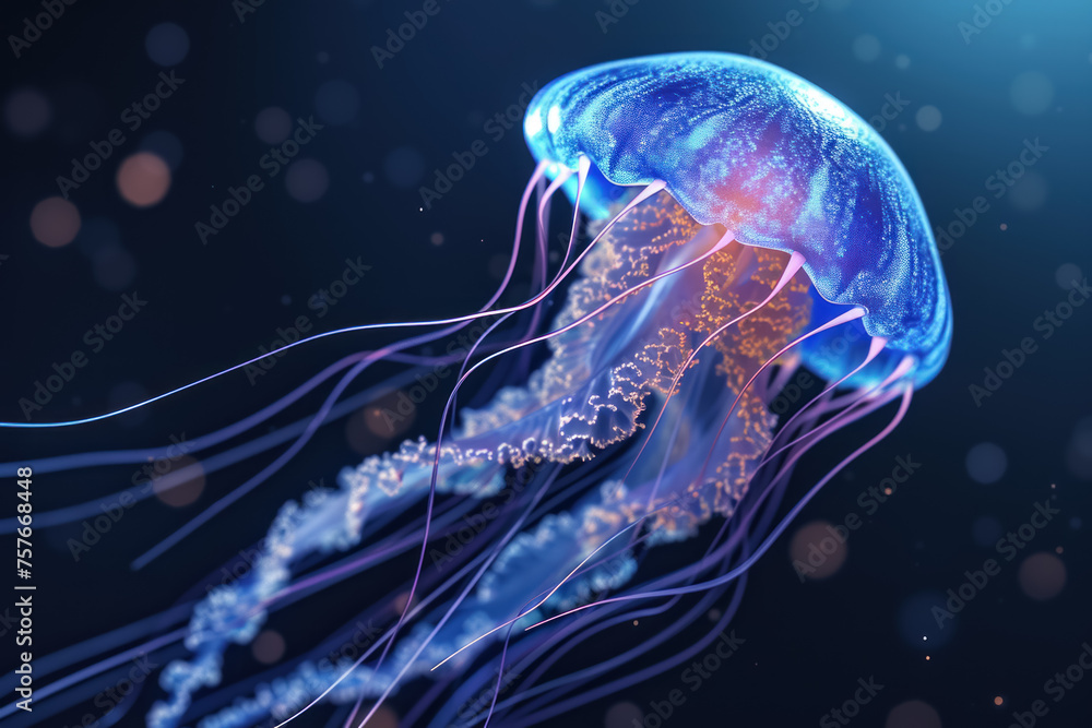 Fototapeta premium Luminescent Depths: Jellyfish Glowing with Bioluminescence in a Deep Blue Oceanic Realm