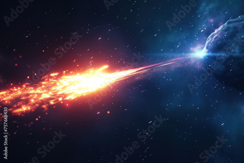 Fiery comet hurtling through space towards a bright star, cosmic event in a star-filled galaxy