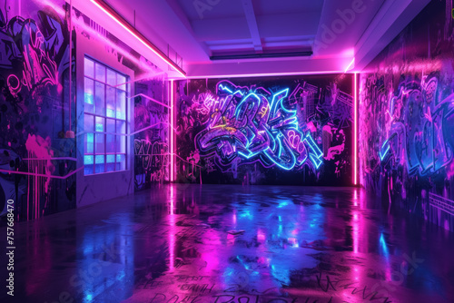 Modern neon-lit art gallery interior with vibrant graffiti and reflections on the glossy floor  contemporary urban culture