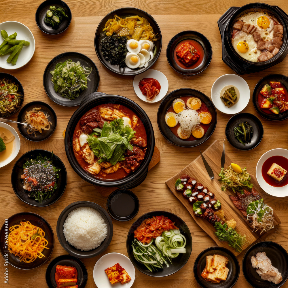lifestyle photo Korean foods served on a dining table. Perfect for photo illustration, article, or any cooking contents.
