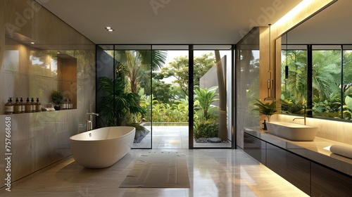 bathroom interior design with wet and dry separation  featuring a window glass