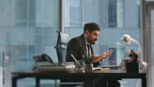 Photography Nervous ceo complaining video calling at workplace