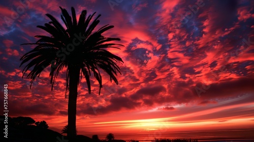 Serene Beach Sunset with Palm Tree Silhouette