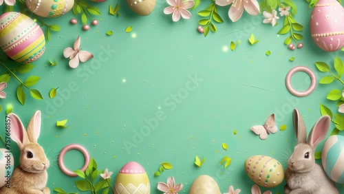 easter card with bunny and eggs, green color 4K
