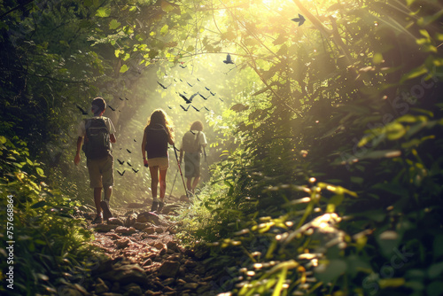 Three friends embarking on a magical hiking adventure through a sunlit forest, surrounded by nature and wildlife