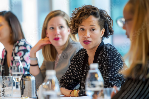 Professional women engaged in a conversation at a business lunch, networking and teamwork in corporate setting