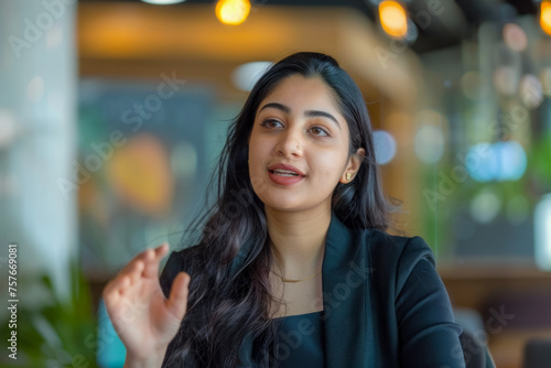 Engaged young businesswoman in conversation at a professional meeting in a modern office space