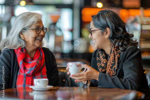 Two senior women sharing a joyful conversation over coffee in a warm and friendly cafe setting