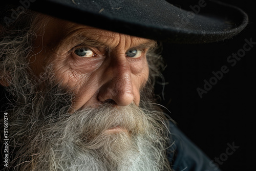 Intense Gaze of a Weathered Man with a Grey Beard and Black Hat in Shadows