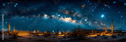 Night photography of a cardon cactus forest Pach,
Panorama dark blue night sky, milky way and stars on dark background photo