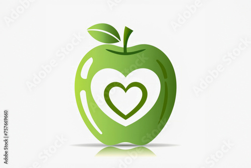 A vibrant green apple features a heart-shaped symbol  highlighting health and vitality